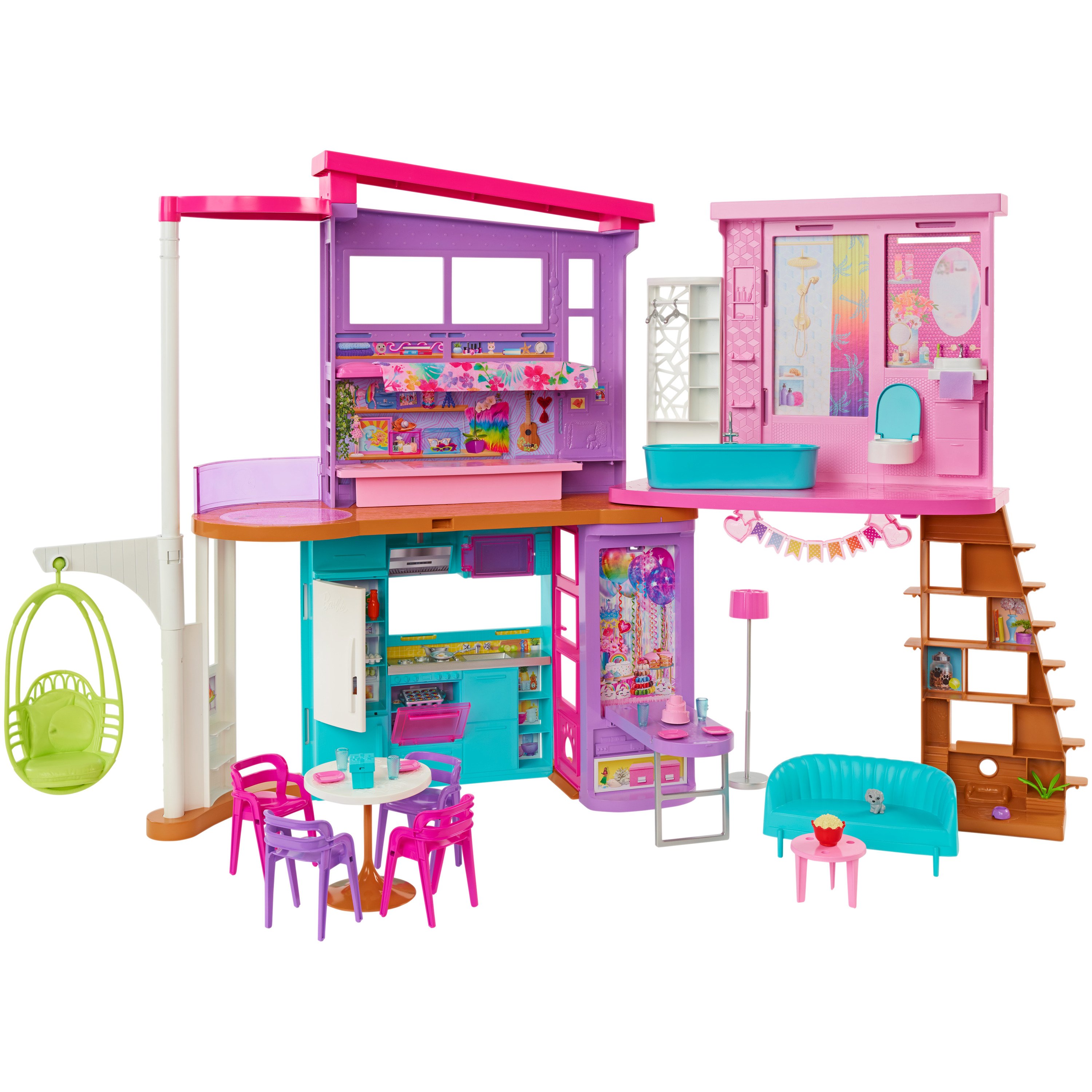 Barbie Casa di Malibu (106 cm) playset casa delle bambole con 2 piani, 6 stanze, ascensore altalena e più di 30 pezzi, Giocattolo per Bambini 3+ Anni