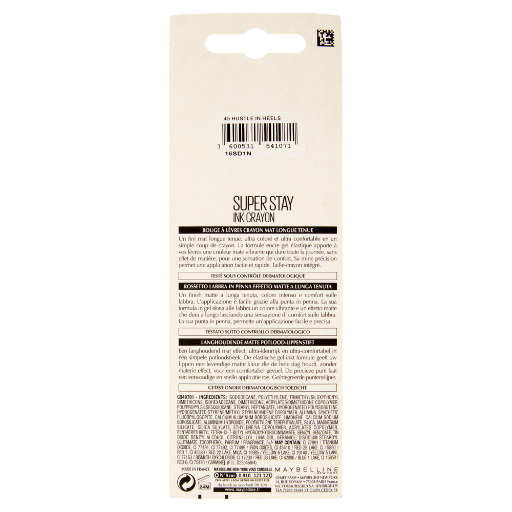 Maybelline New York Rossetto Matita SuperStay Ink Crayon, Matte a Lunga Tenuta, 45 Hustle in Heels