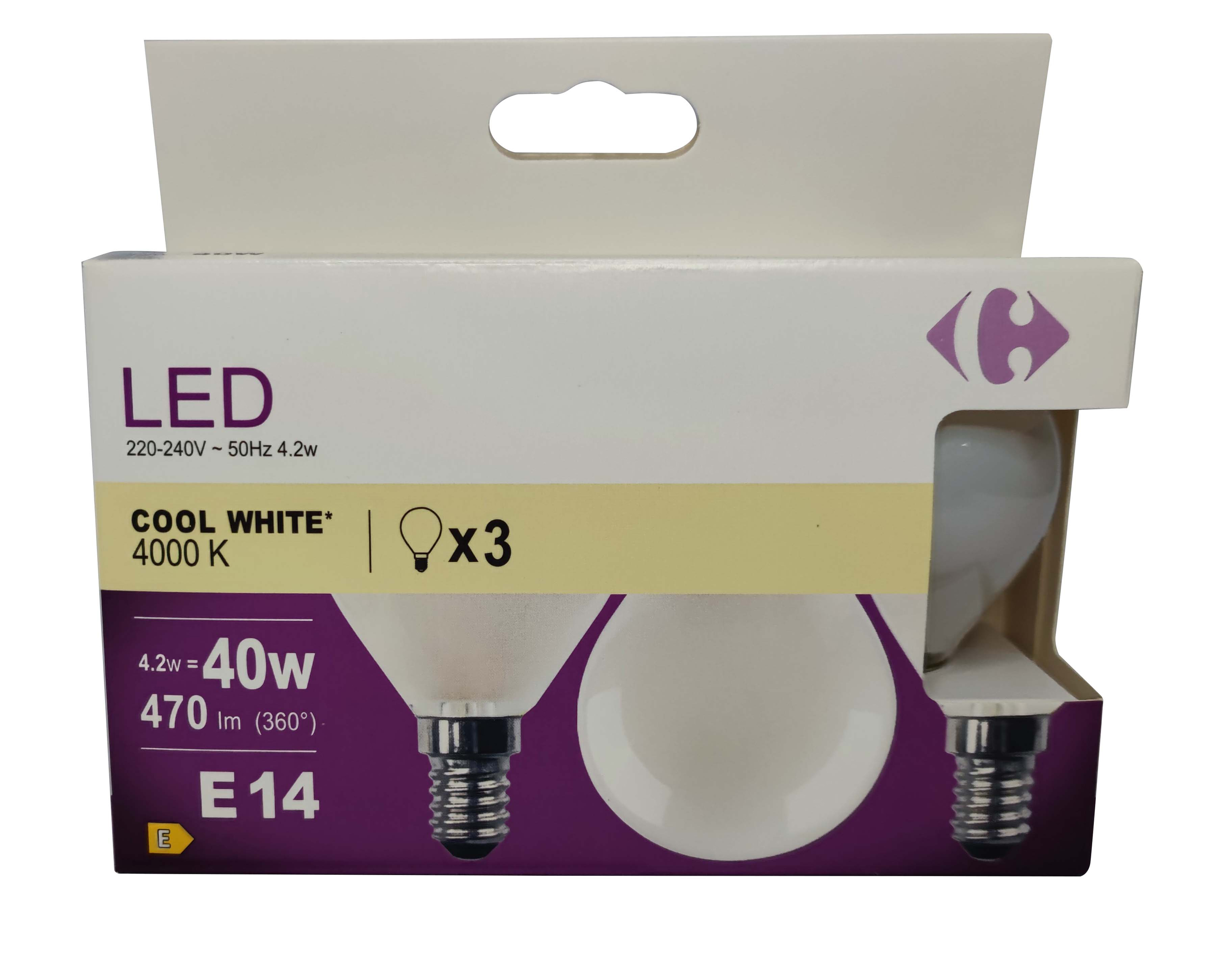 Carrefour 3 led sferica 40W, attacco E14, luce fredda