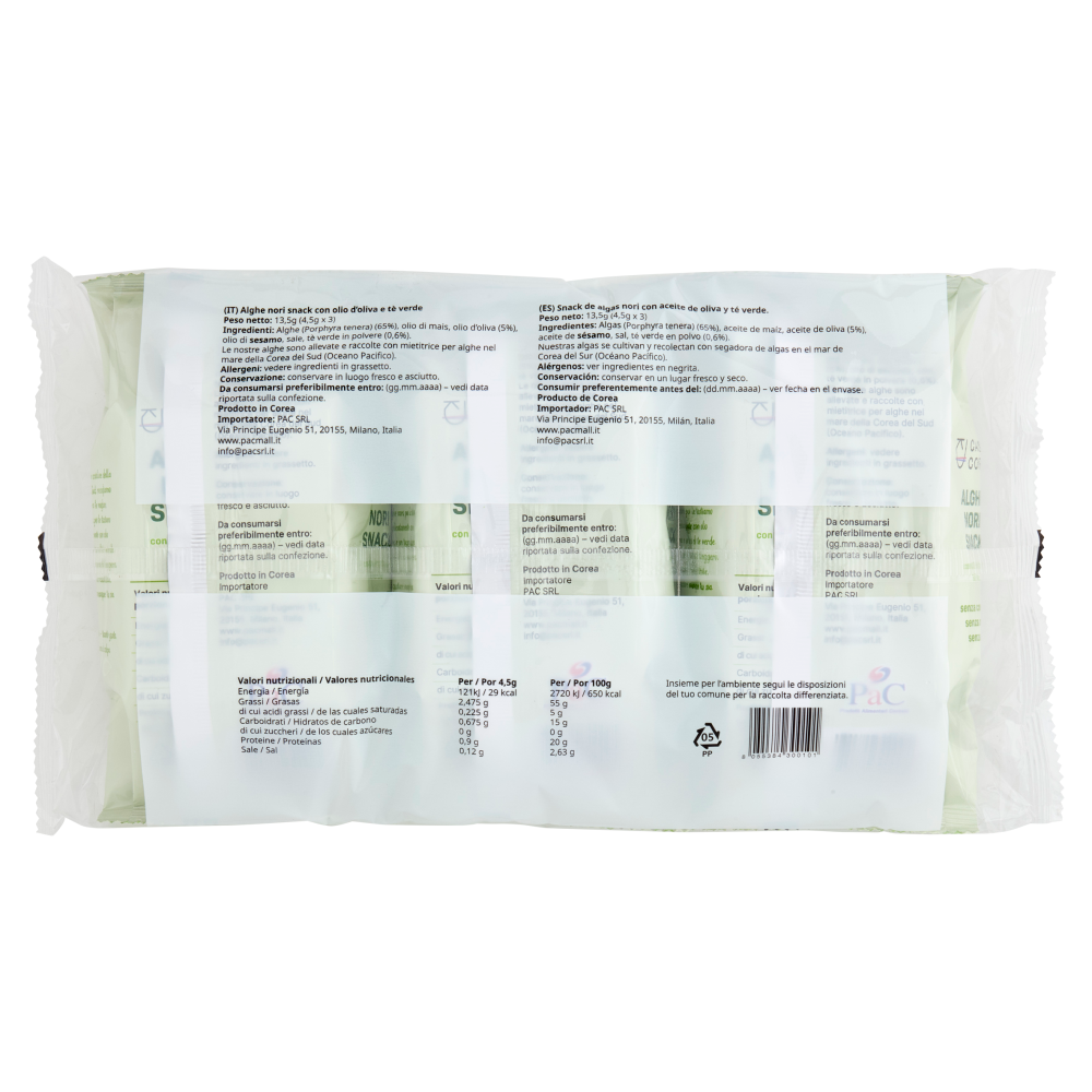 Casa Corea Alghe Nori Snack con olio d'Oliva e Tè Verde 3 x 4,5 g