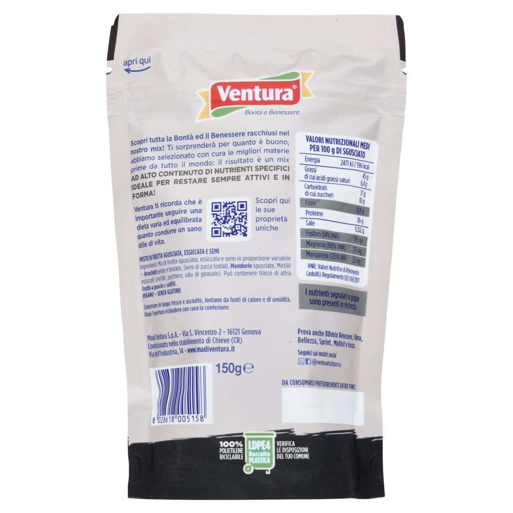 Ventura BBmix Proteico Mix di arachidi, semi di zucca, mandorle e mirtilli 150 g