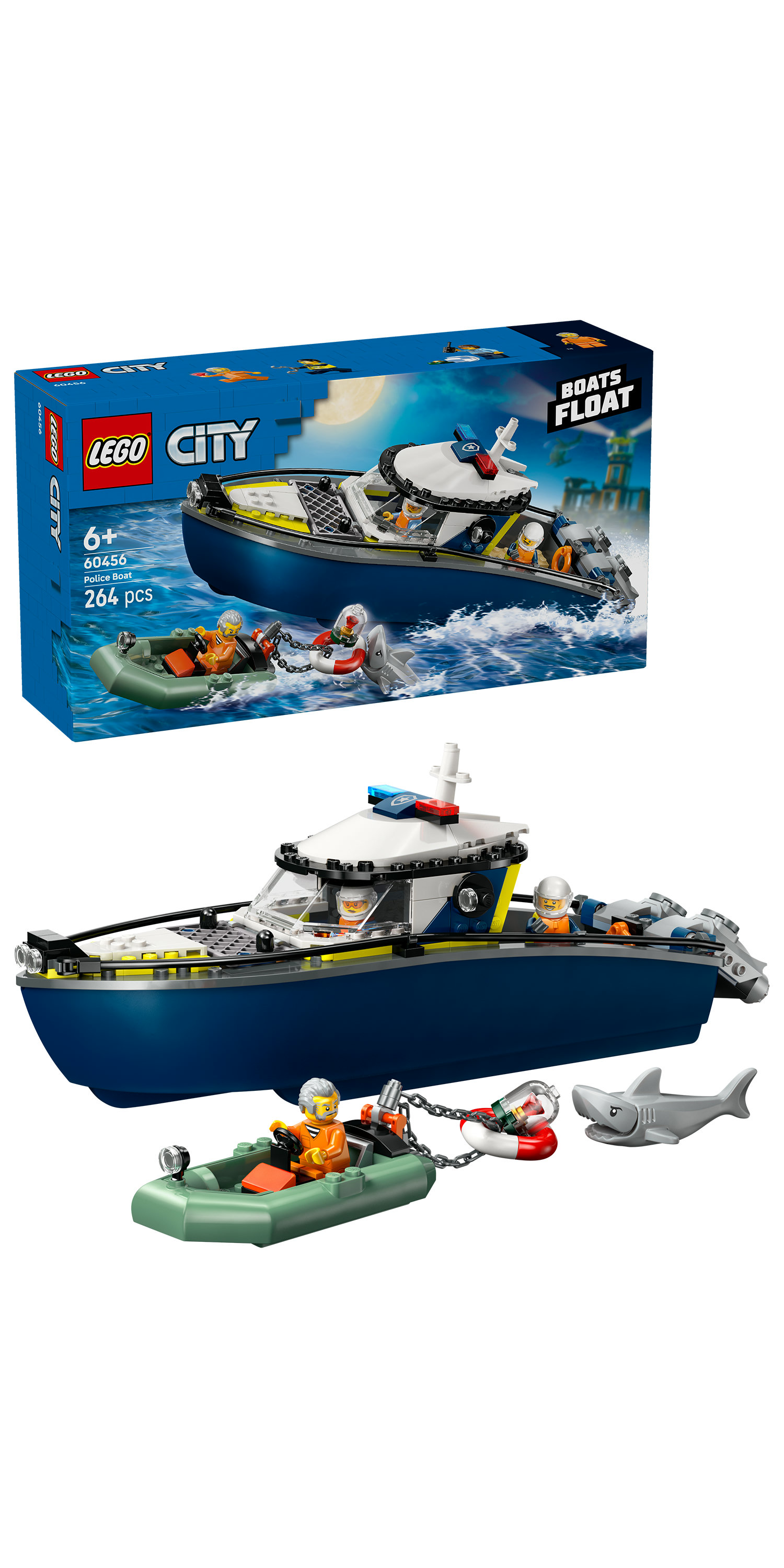 LEGO City 60456 Inseguimento del Motoscafo della Polizia, con 2 Barche Giocattolo, 3 Minifigure, Squalo, Regalo per Bambini6+