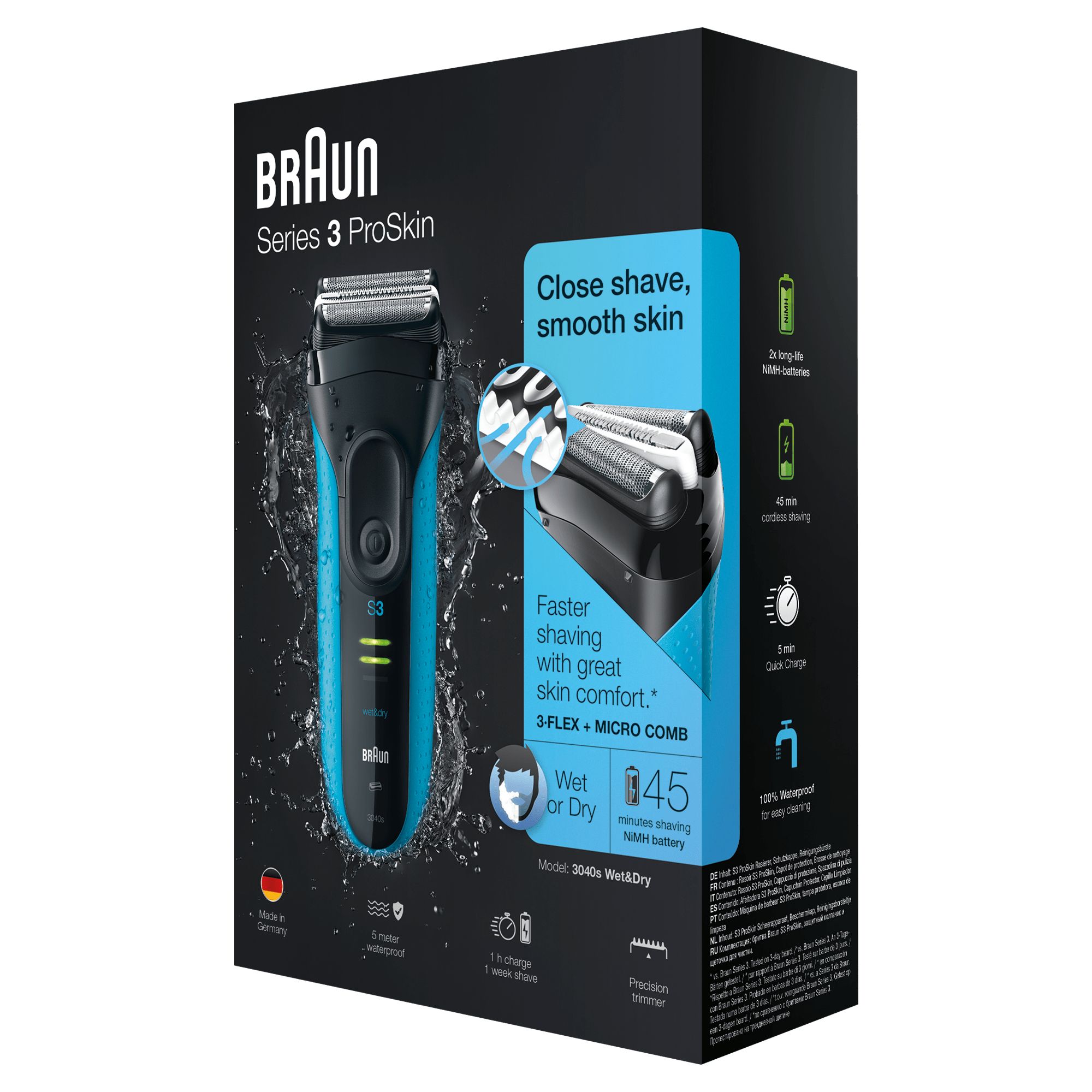 Braun Series 3 ProSkin 3040s Rasoio Elettrico Barba A Lamina, Wet&Dry Ricaricabile - Nero/Blu
