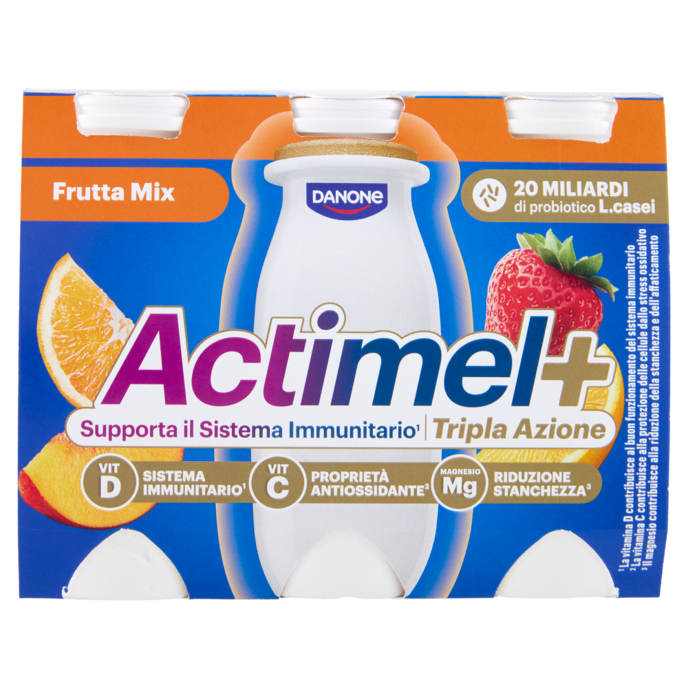 ACTIMEL Tripla Azione, Yogurt da Bere con Vitamine C, D e Magnesio, gusto Frutta mix, 6x100g