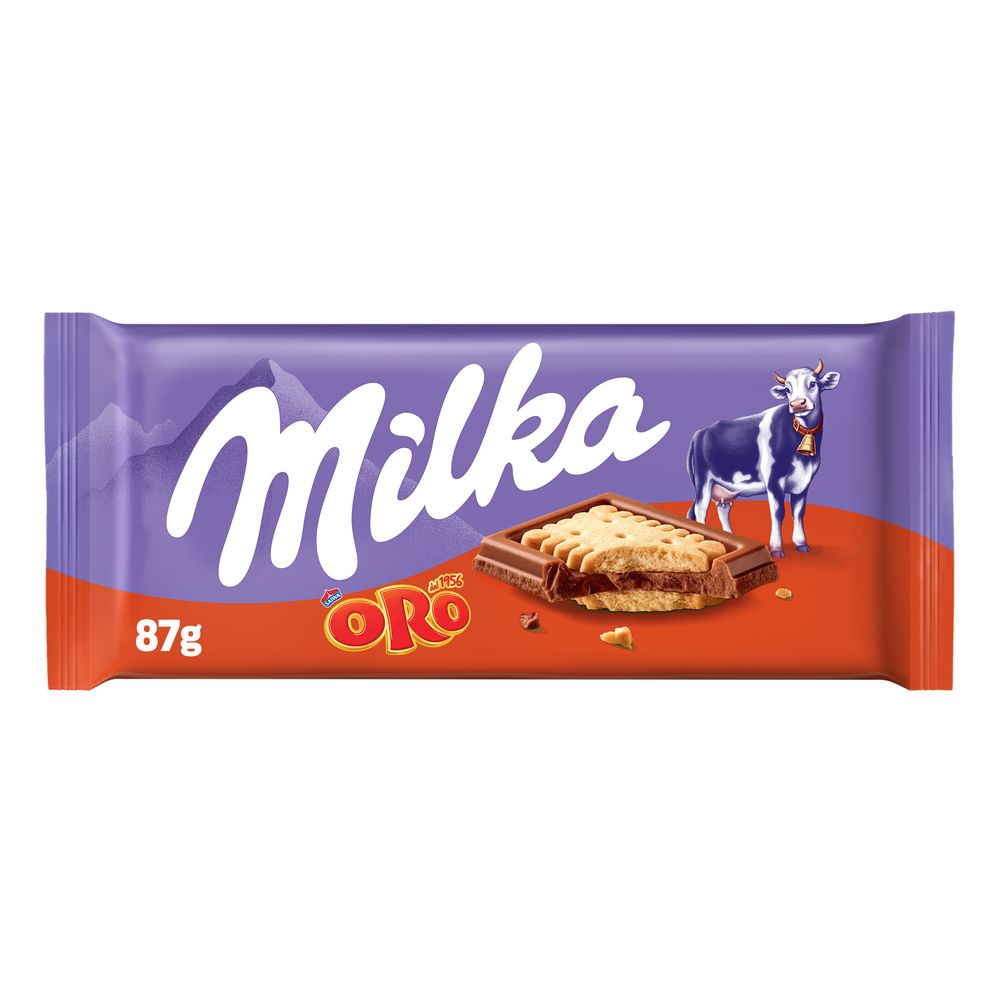 Milka Oro Saiwa, Tavoletta di Cioccolato al Latte Ripieno di Biscotti Oro Saiwa, Latte 100% Alpino - 87 g