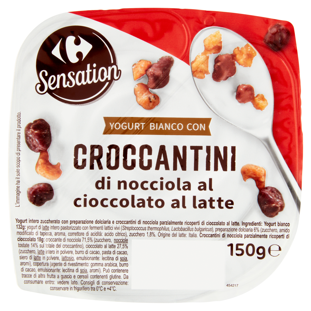 Carrefour Sensation Yogurt Bianco con Croccantini di nocciola al cioccolato al latte 150 g