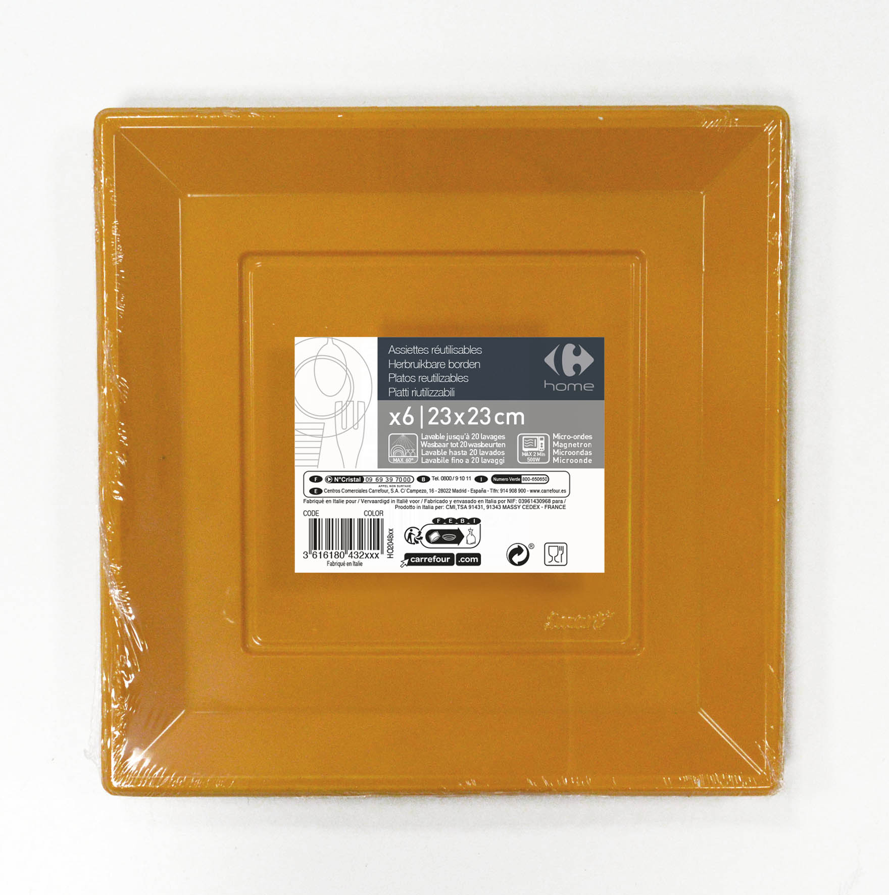 6 piatti arancio rettangolari 23x23 Carrefour