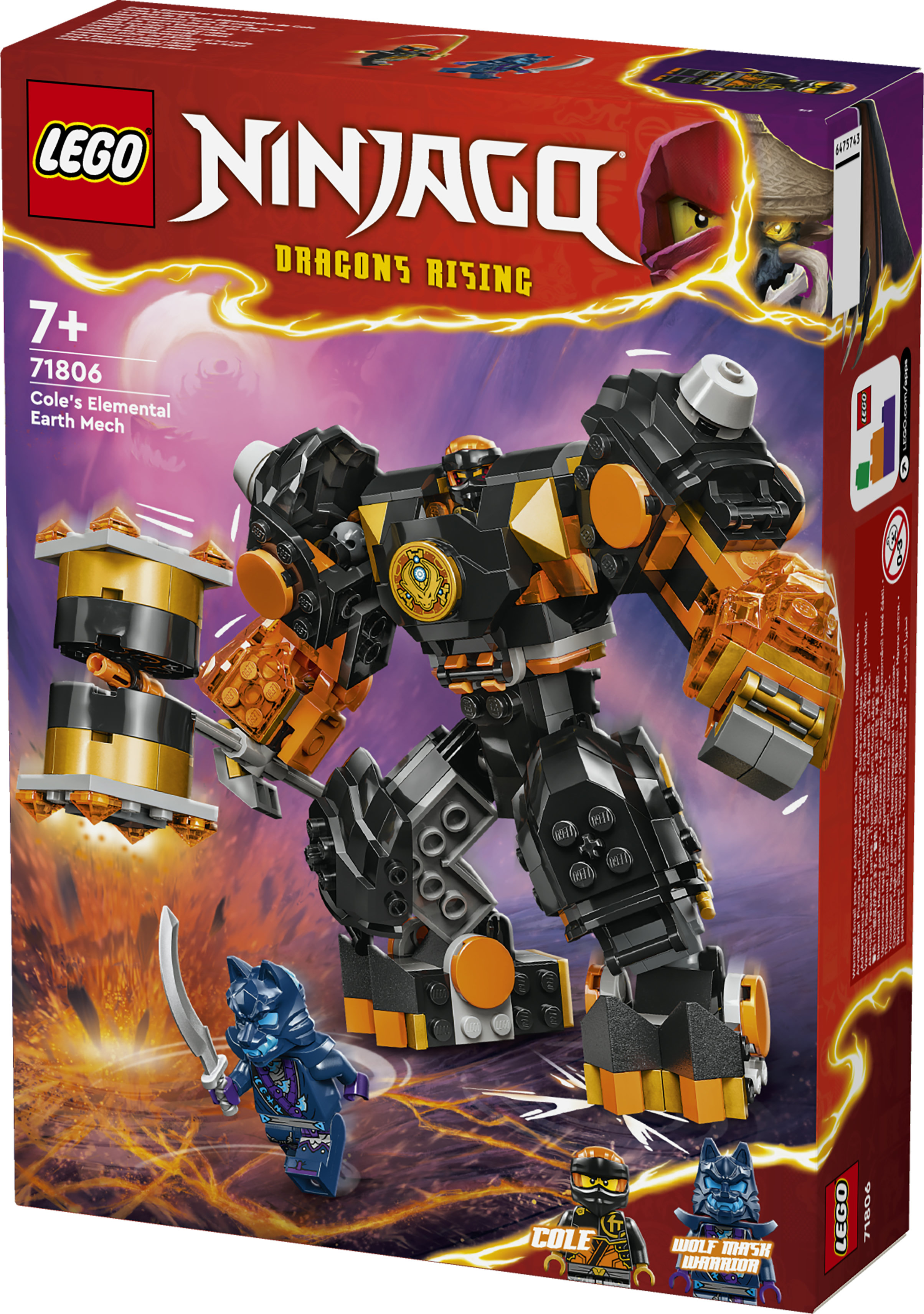 LEGO NINJAGO 71806 Mech Elemento di Terra di Cole, Giochi per Bambini da 7+, Action Figure Personalizzabile con 2 Minifigure