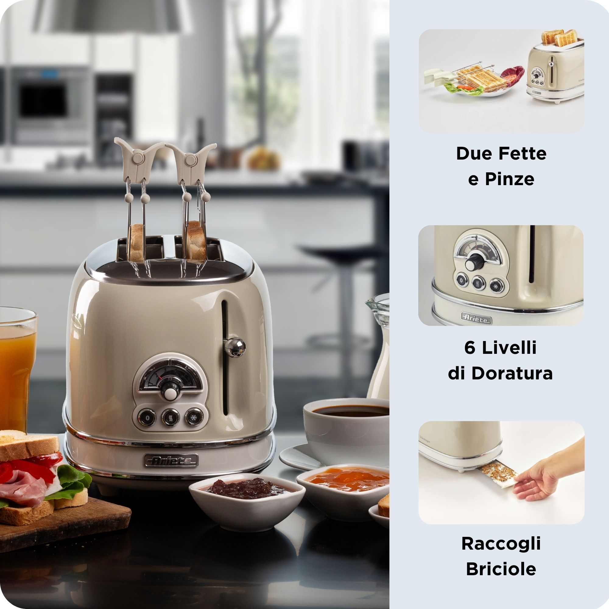 Ariete 155 Tostapane Vintage 2 fette di pane - con pinze - 6 livelli di tostatura - 810 Watt- Acciaio Inox - Linea Vintage - Beige