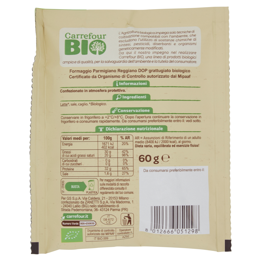 Carrefour Bio Parmigiano Reggiano DOP grattugiato Biologico 60 g