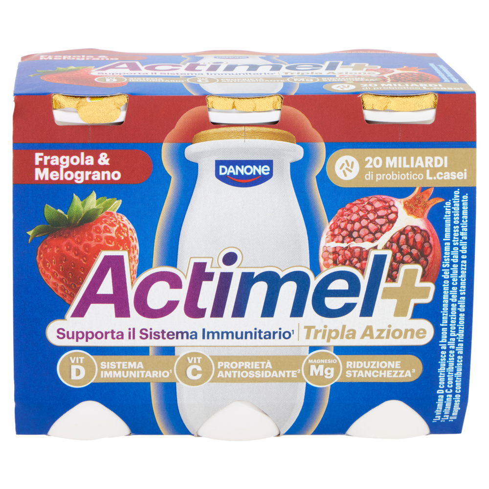 ACTIMEL Tripla Azione, Yogurt da Bere con Vit D e C e Magnesio, gusto Fragola&Melograno,6x100G