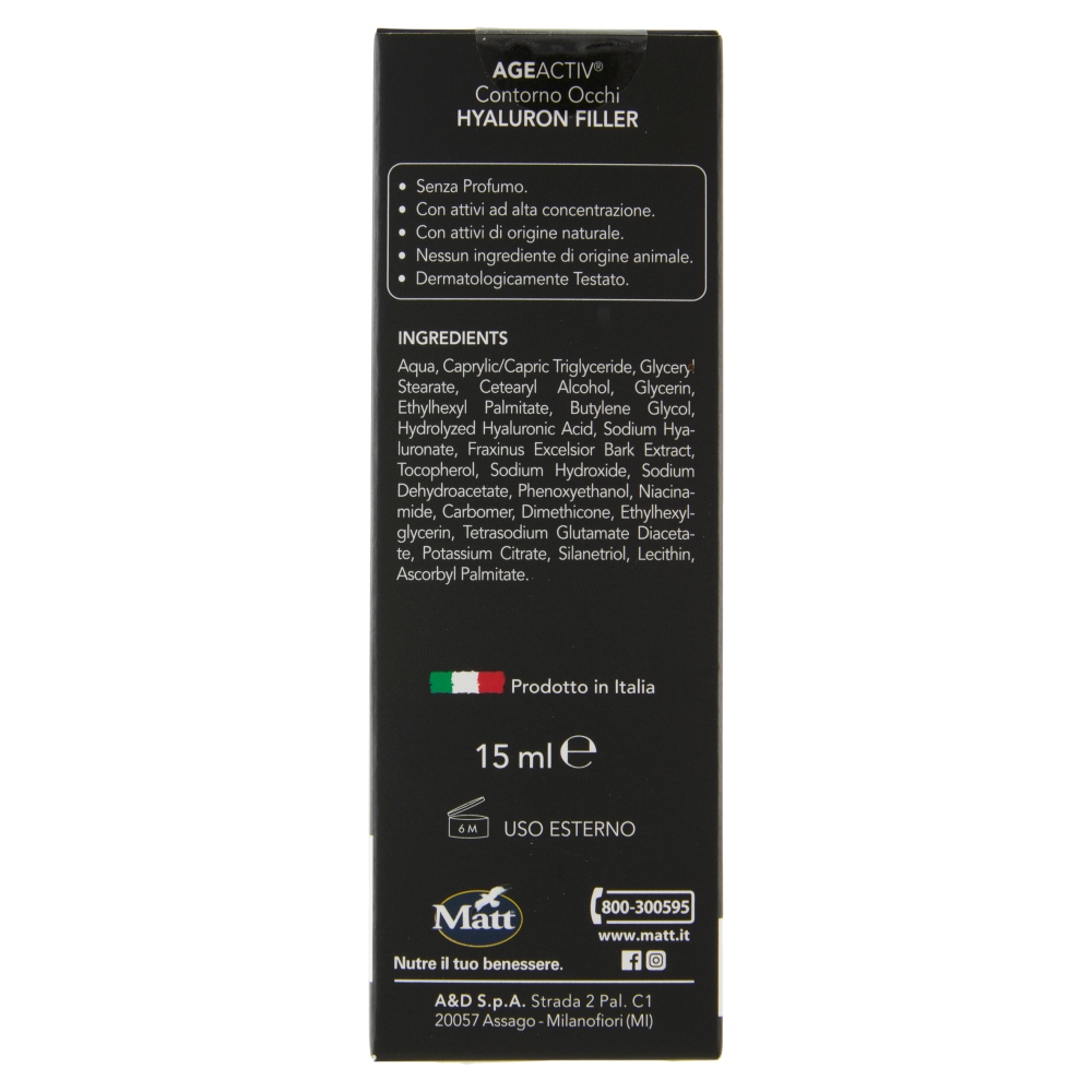 Matt Age Activ Hyaluron Filler Contorno Occhi Rughe, Borse e Occhiaie Acido Ialuronico Puro 3P 15 ml
