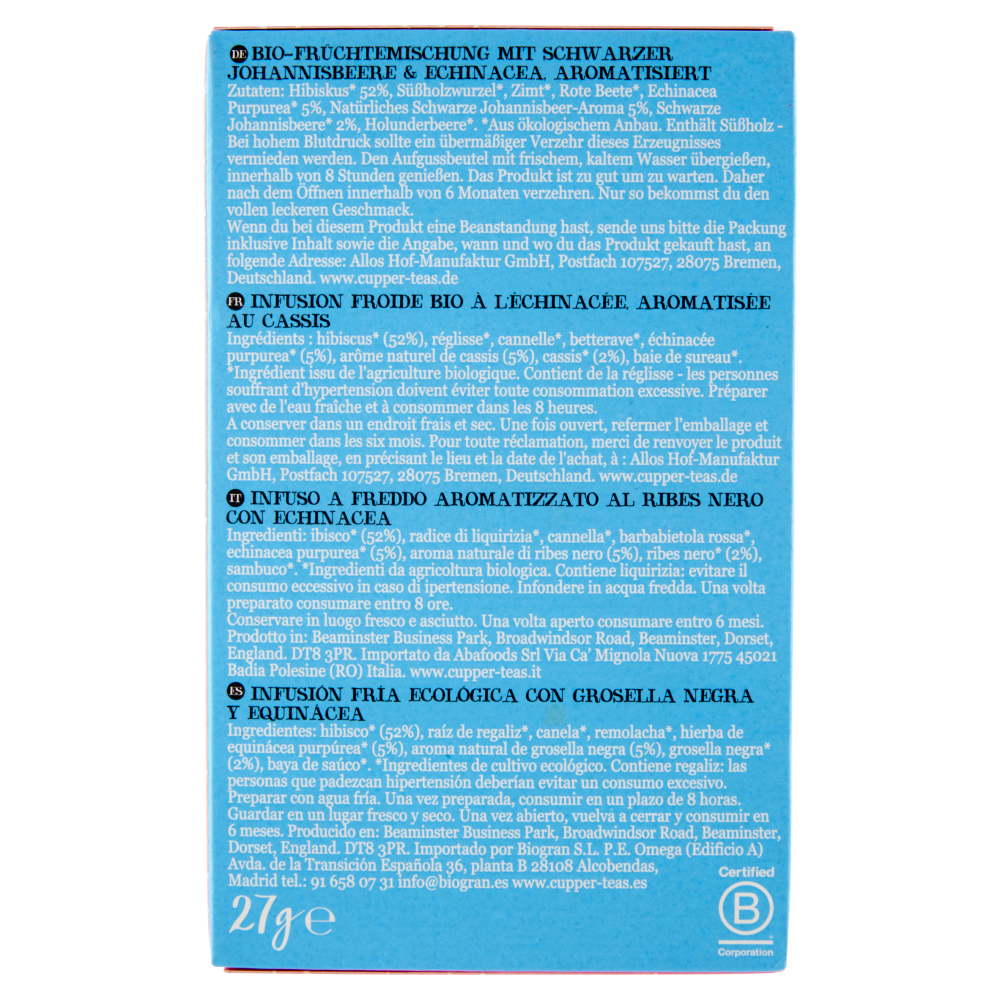 CUPPER Infuso a freddo Biologico di Ribes Nero e Echinacea 10 bustine