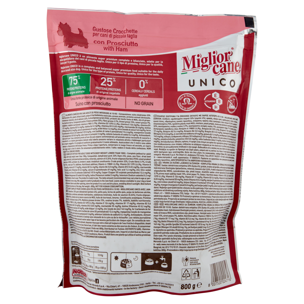 Migliorcane Unico Gustose Crocchette con Prosciutto per Cani Adulti <10 kg Piccola Taglia 800 g