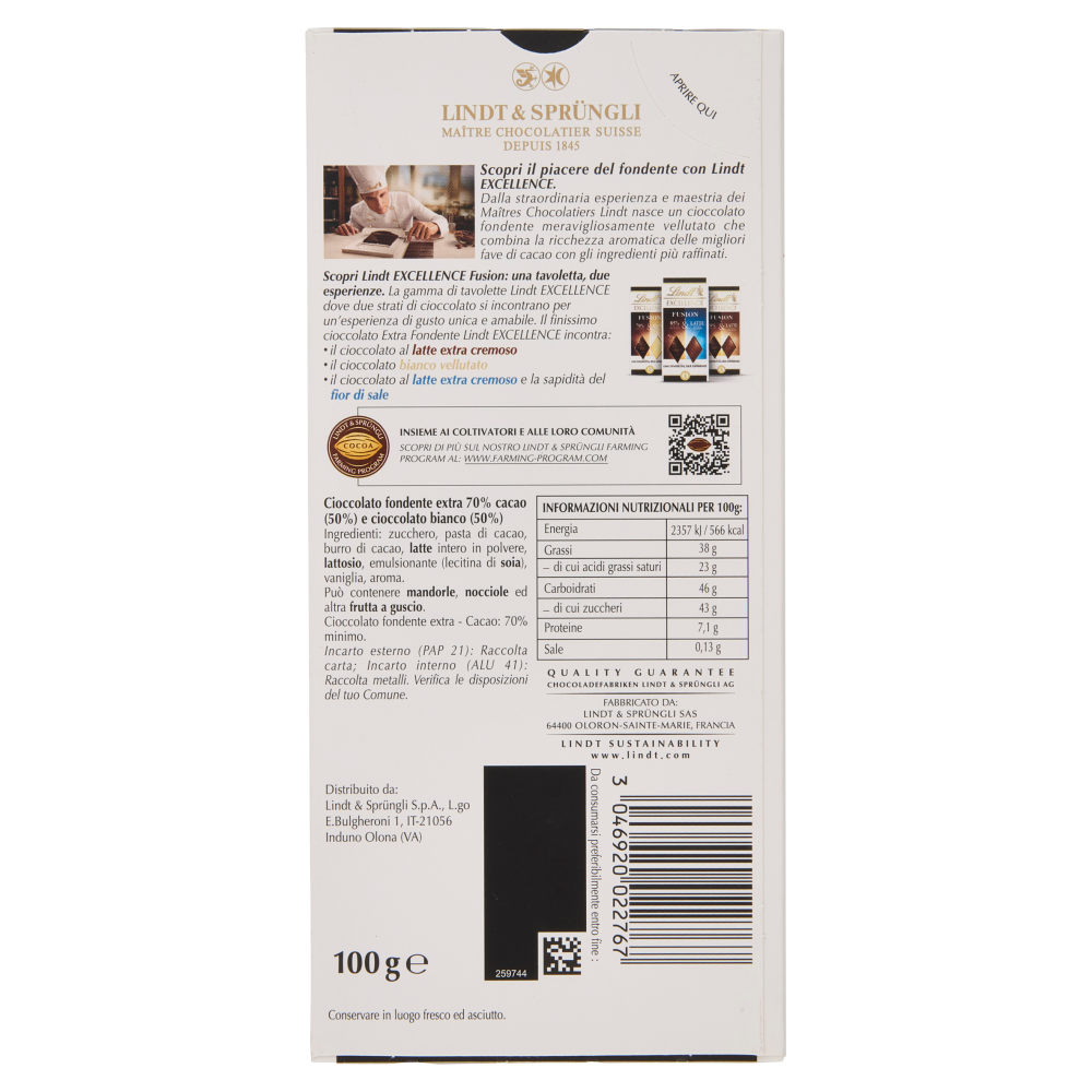 Lindt Excellence Fusion Tavoletta 2 strati cioccolato fondente 70% e bianco 100 g