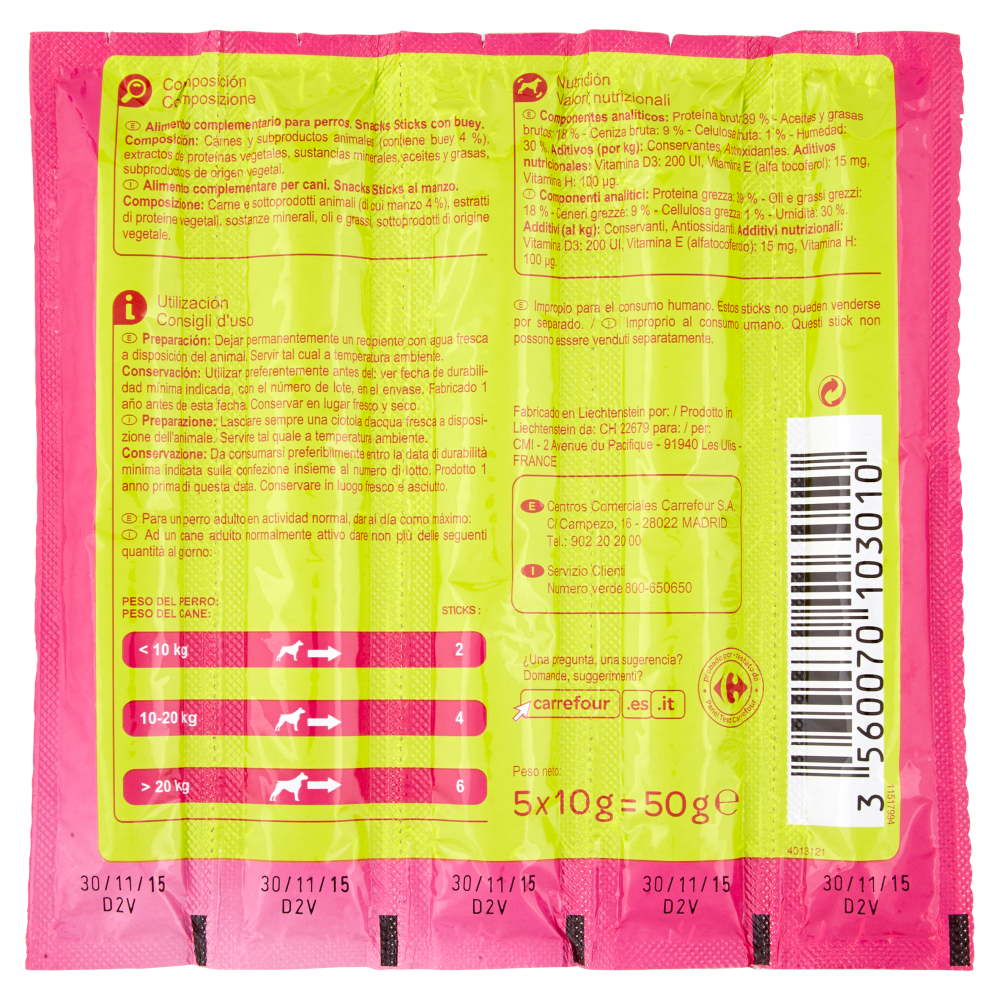 Carrefour Snacks Sticks al manzo per cani 5 x 10 g