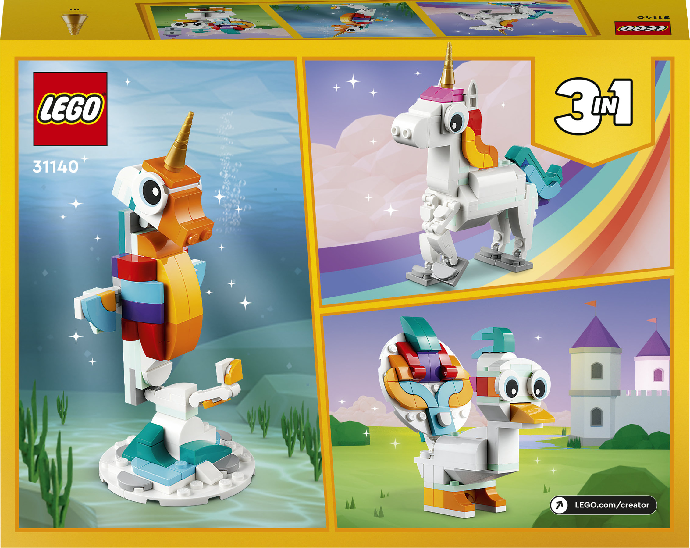 LEGO Creator 31140 Unicorno Magico con Arcobaleno, Set 3 in 1 con Animali Giocattolo Fantastici, Cavalluccio Marino e Pavone