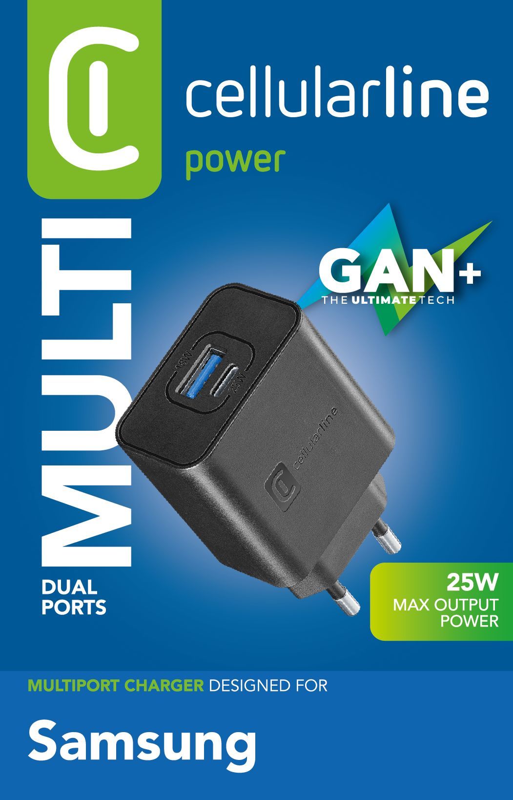 Cellularline Dual Super Fast Charger 25W - Samsung Caricabatterie da rete 2 porte USB e USB-C con tecnologia Super Fast Charging 25W