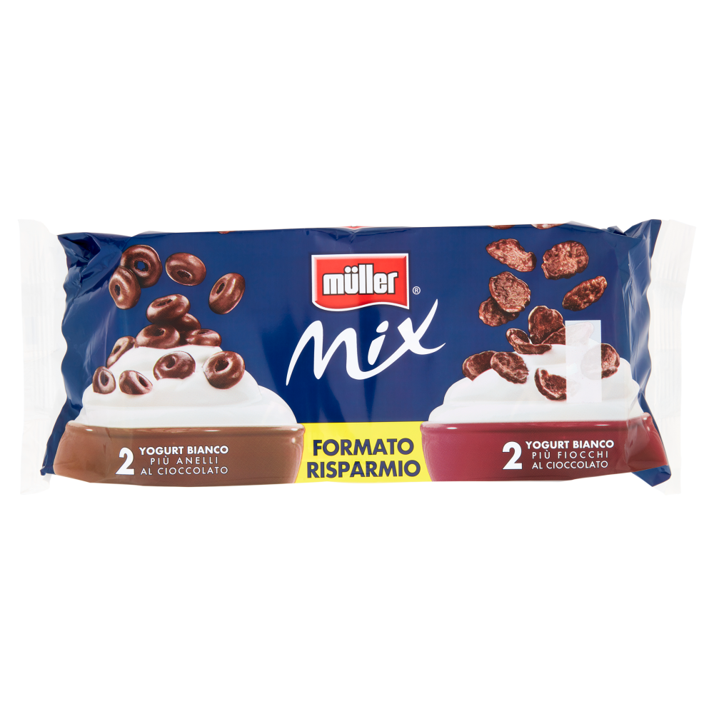 müller Mix 2 Yogurt Bianco Più Anelli al Cioccolato+2 Yogurt Bianco Più Fiocchi al Cioccolato 4x150g
