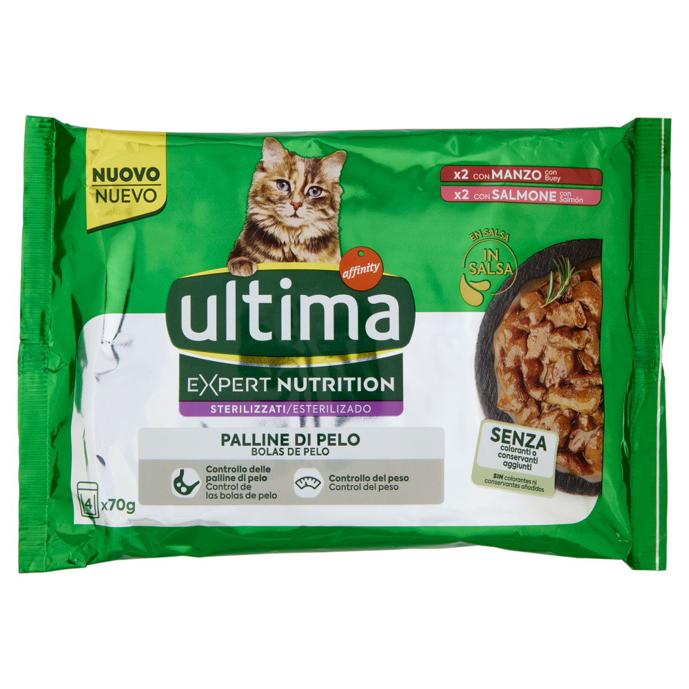 ultima Expert Nutrition Cat Sterilizzati Palline di Pelo con Manzo, con Salmone in Salsa 4 x 70 g