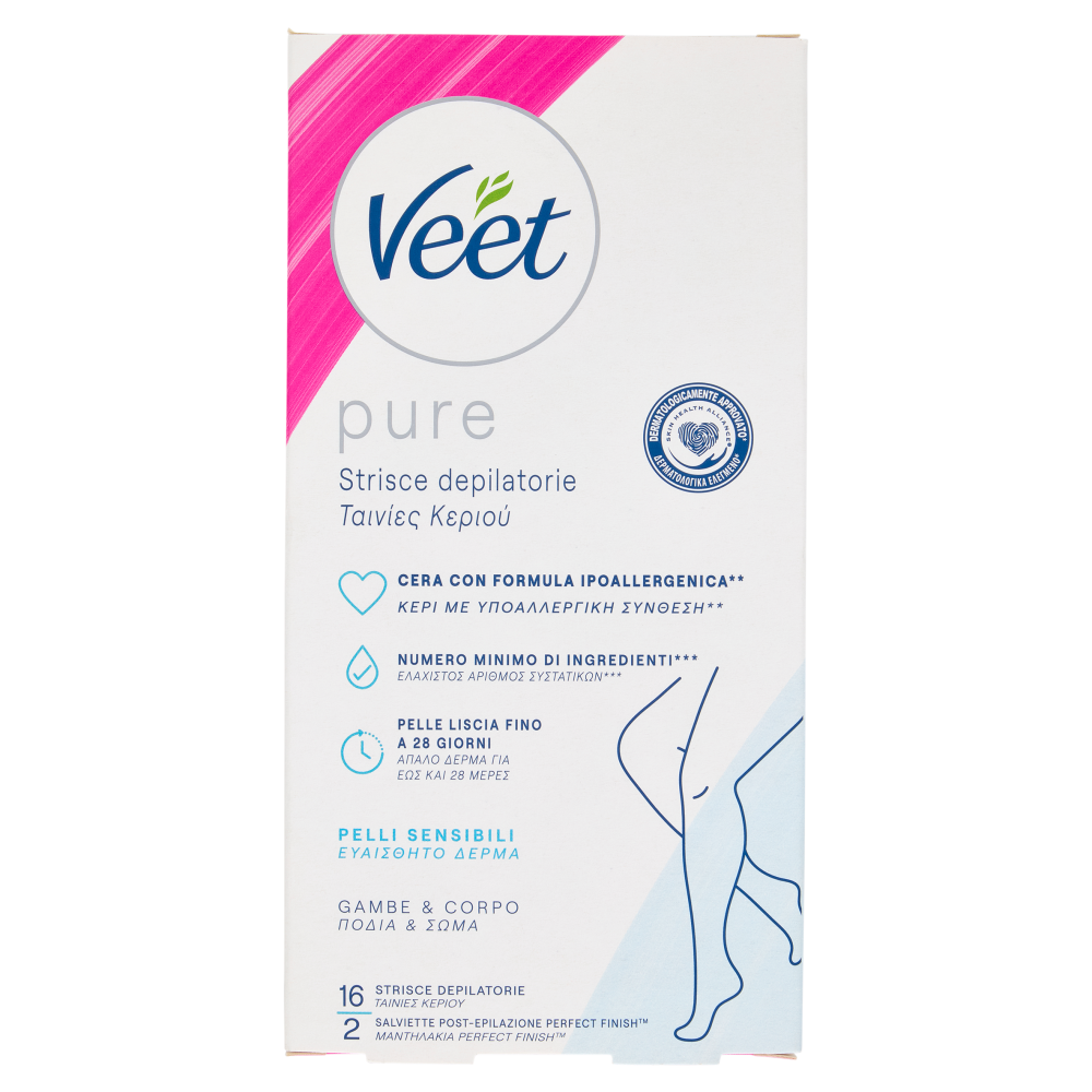 Veet Pure Strisce Depilatorie Corpo e Gambe, Ipoallergeniche, Confezione da 16 Strisce