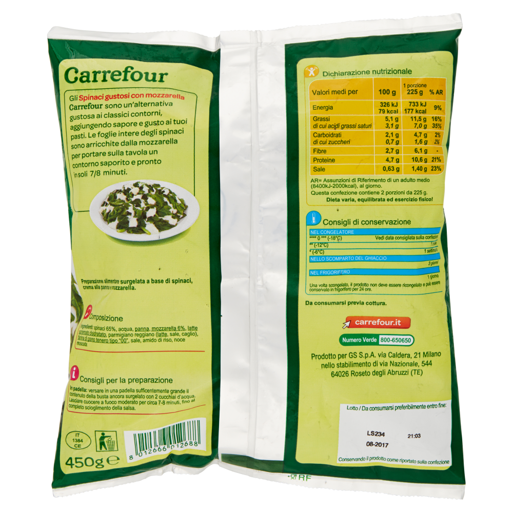 Carrefour Spinaci Gustosi con Mozzarella Surgelati 450 g