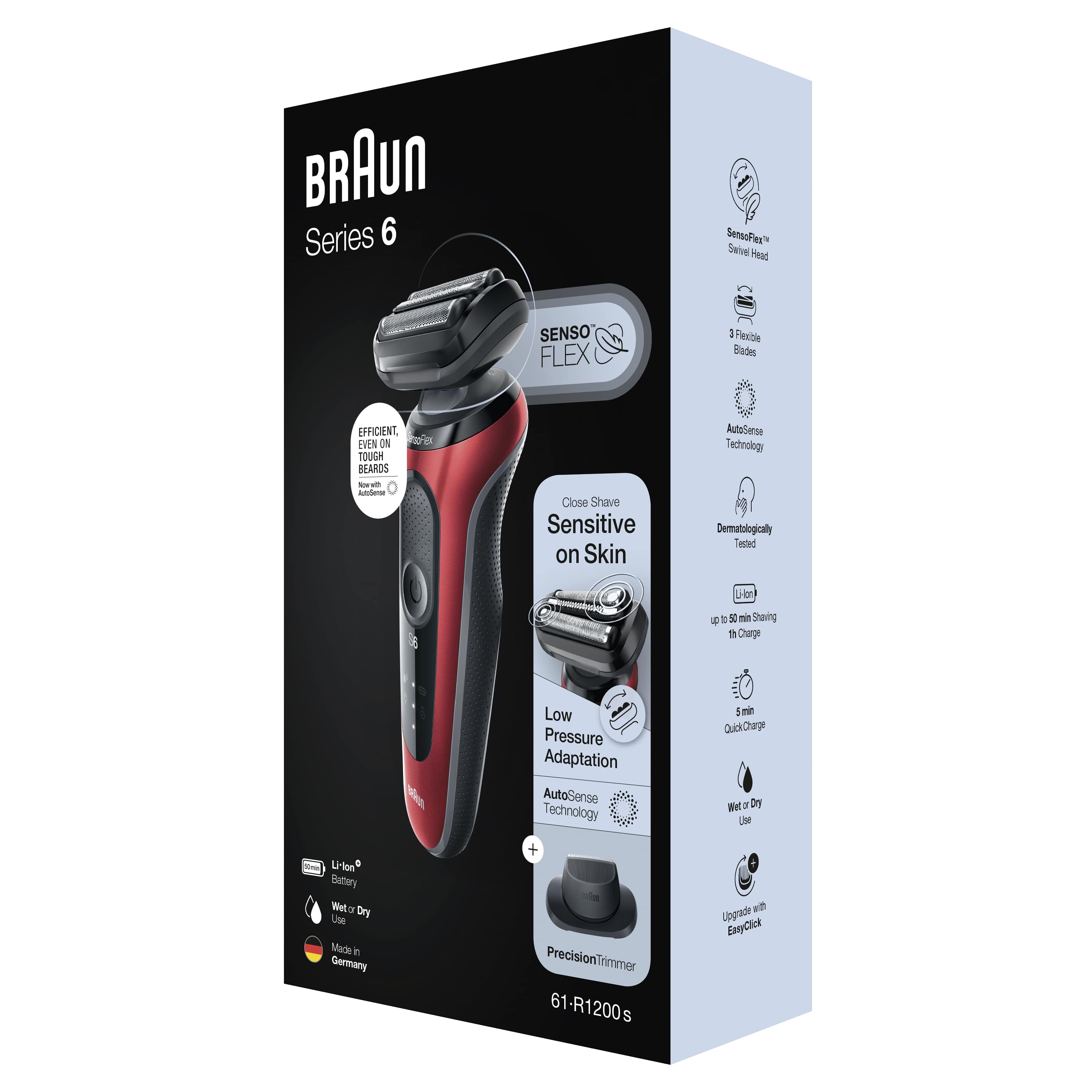 Braun Series 6 61-R1200s Rasoio Elettrico Uomo Con Accessorio Rifinitore Di Precisione EasyClick, SensoFlex, Wet&Dry, Ricaricabile, Rasoio A Lamina Senza Fili, Rosso