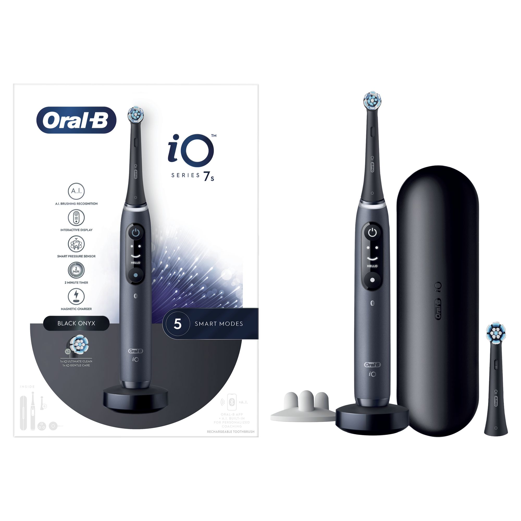 Oral-B iO Spazzolino Elettrico Ricaricabile 7S Nero, 2 Testine, 1 Custodia Da Viaggio, 1 Spazzolino