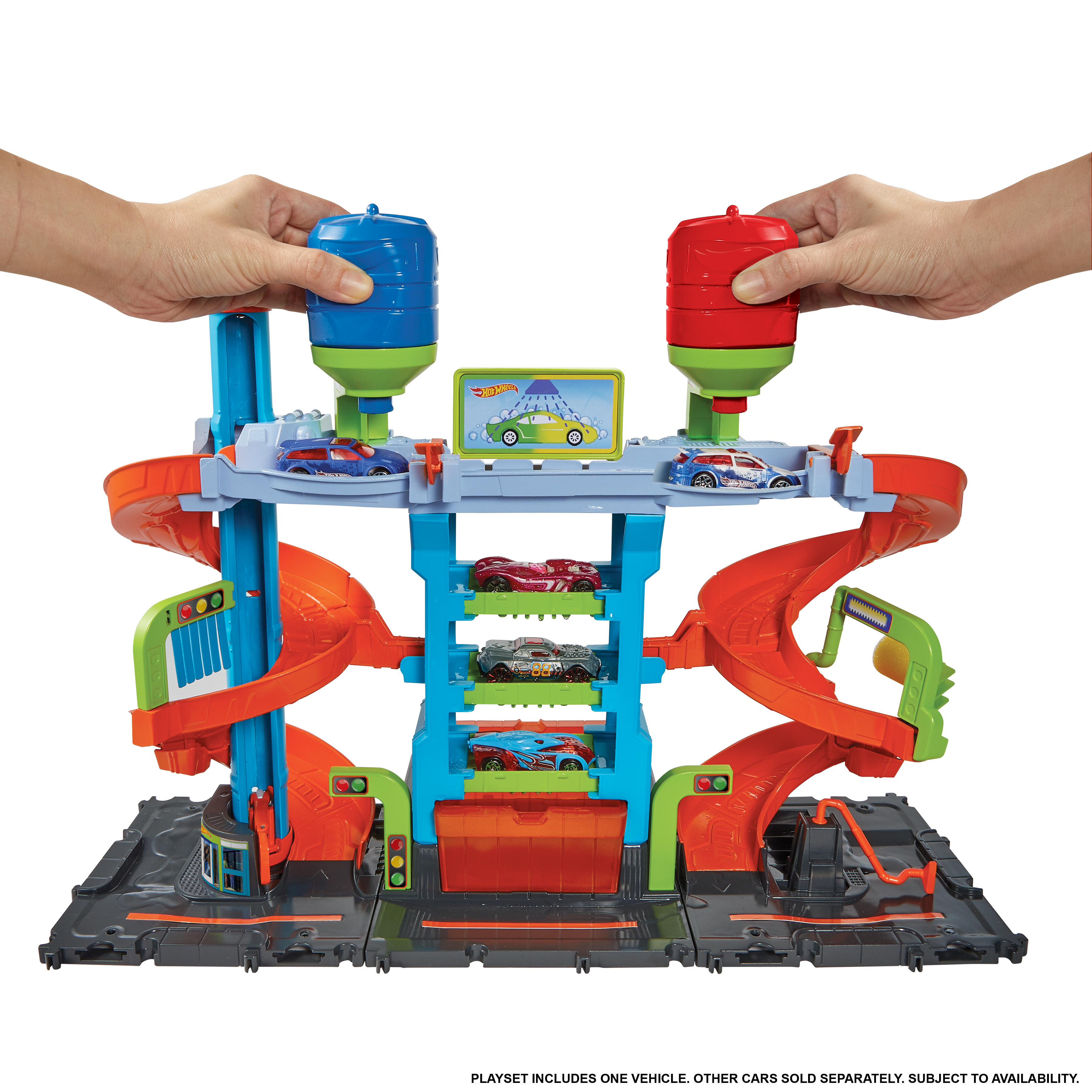 Hot Wheels City Mega Torre Autolavaggio, include 1 macchinina Color Shifters e pratici serbatoi per acqua, si collega ad altri set, giocattolo per bambini 4+ Anni