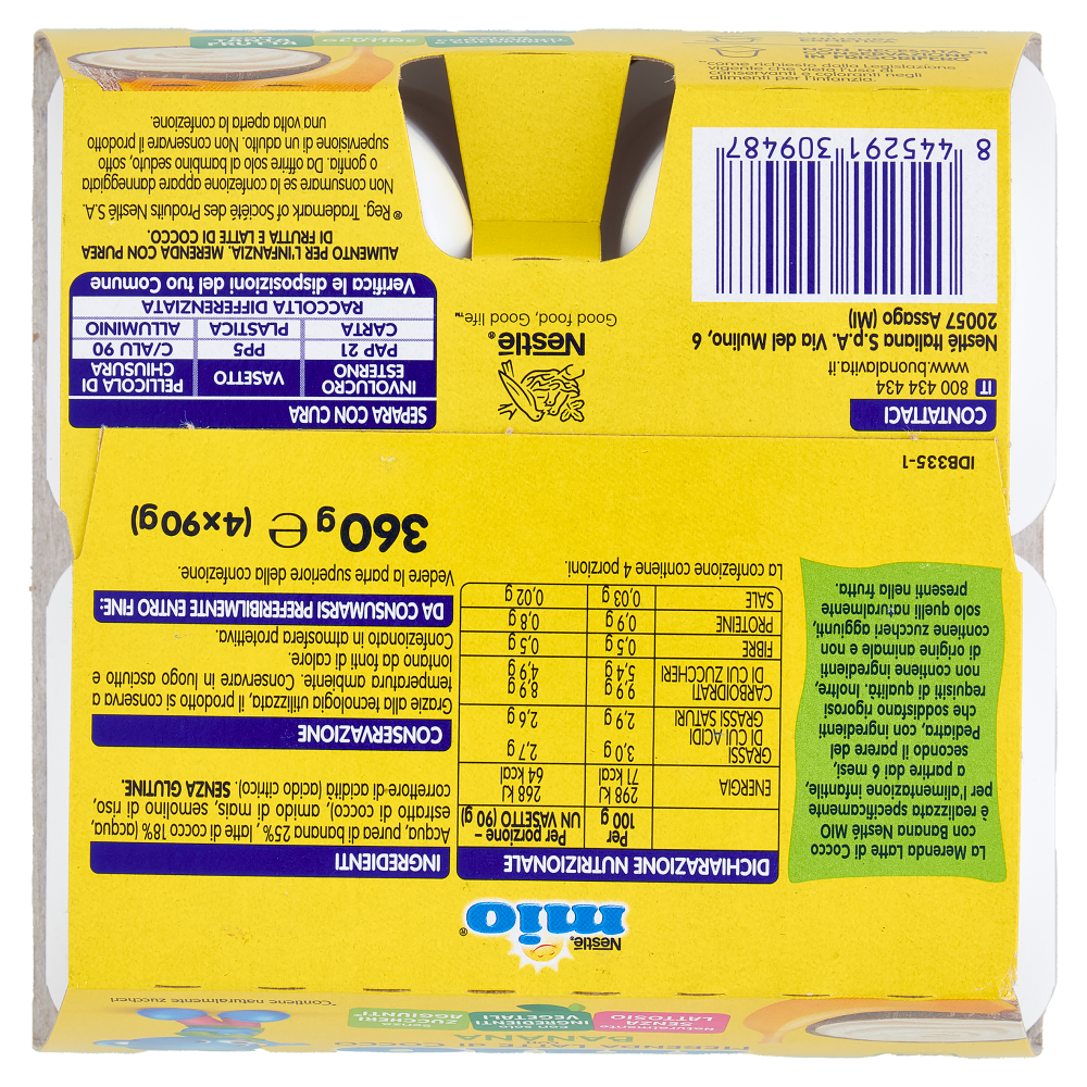 NESTLÉ MIO Merenda al Latte di Cocco Banana 4 Vasetti da 90g