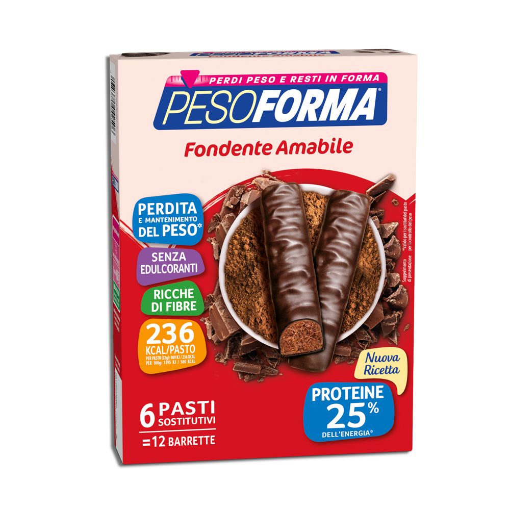 Pesoforma Barrette Fondente Amabile, Pasto Sostitutivo, 25% dell'energia in Proteine, 236 calorie per pasto, 12x31g