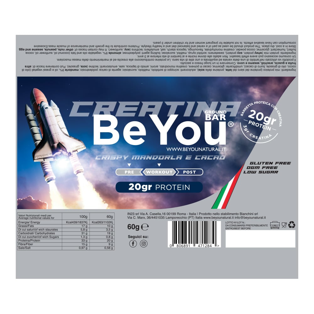 BeYou, GROUND BAR Creatina Crispy Mandorla e Cacao 60 g