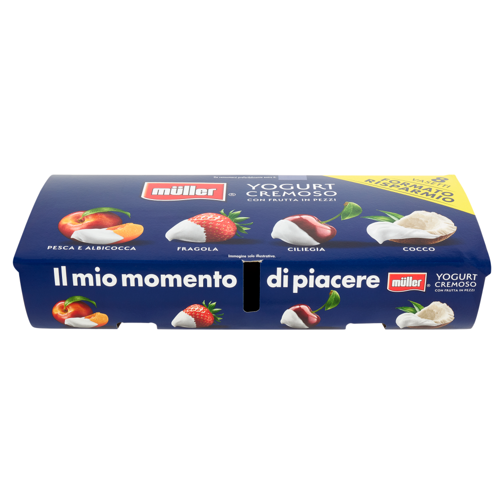 müller Yogurt Cremoso con Frutta in Pezzi Pesca e Albicocca, Fragola, Ciliegia, Cocco 8 x 125 g
