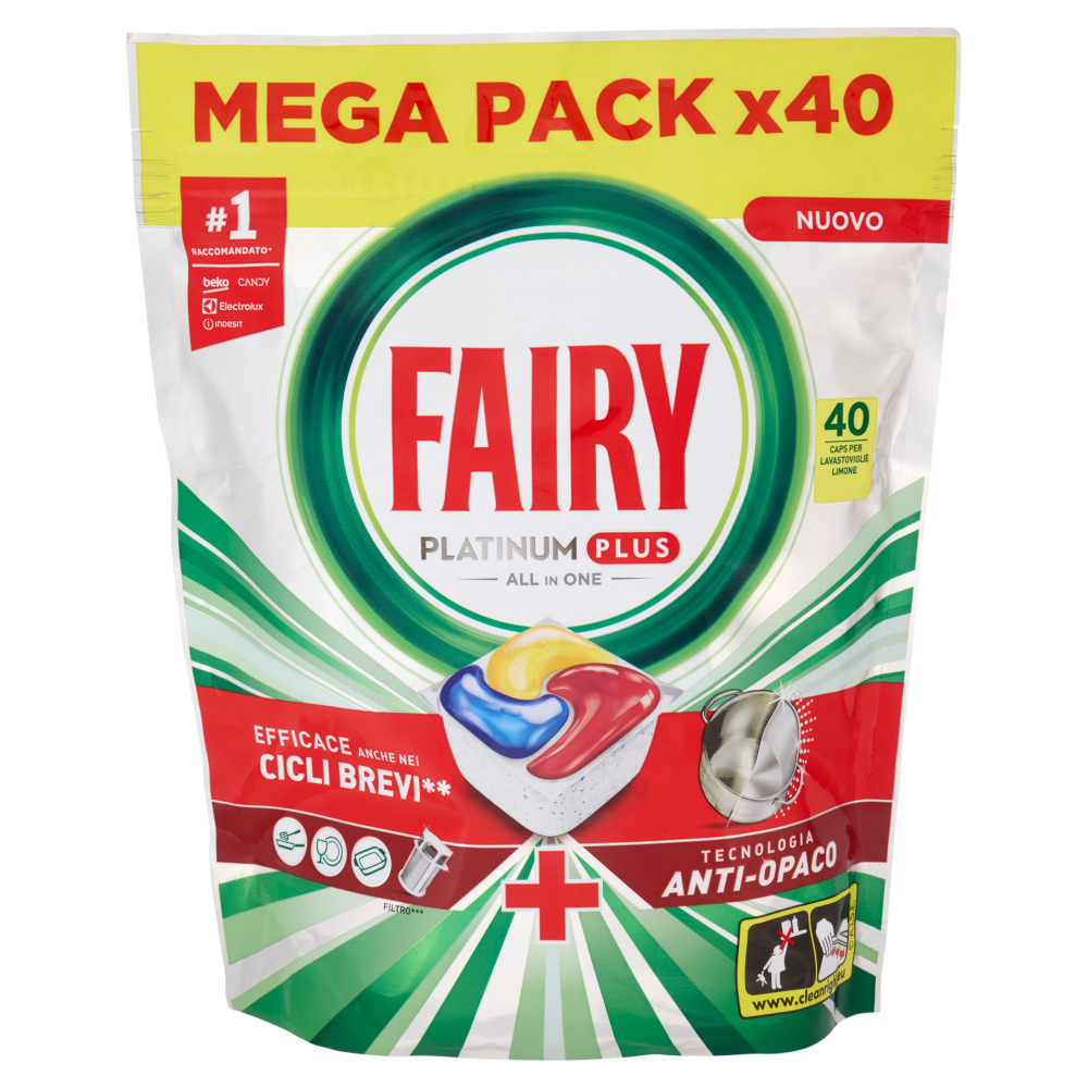 Fairy Pastiglie Lavastoviglie Platinum Plus All in One, Detersivo Piatti Limone, 40 Capsule 620 g