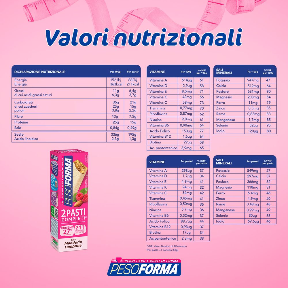 Pesoforma Barrette 2 pasti sostitutivi Mandorla Lampone, 2x58g