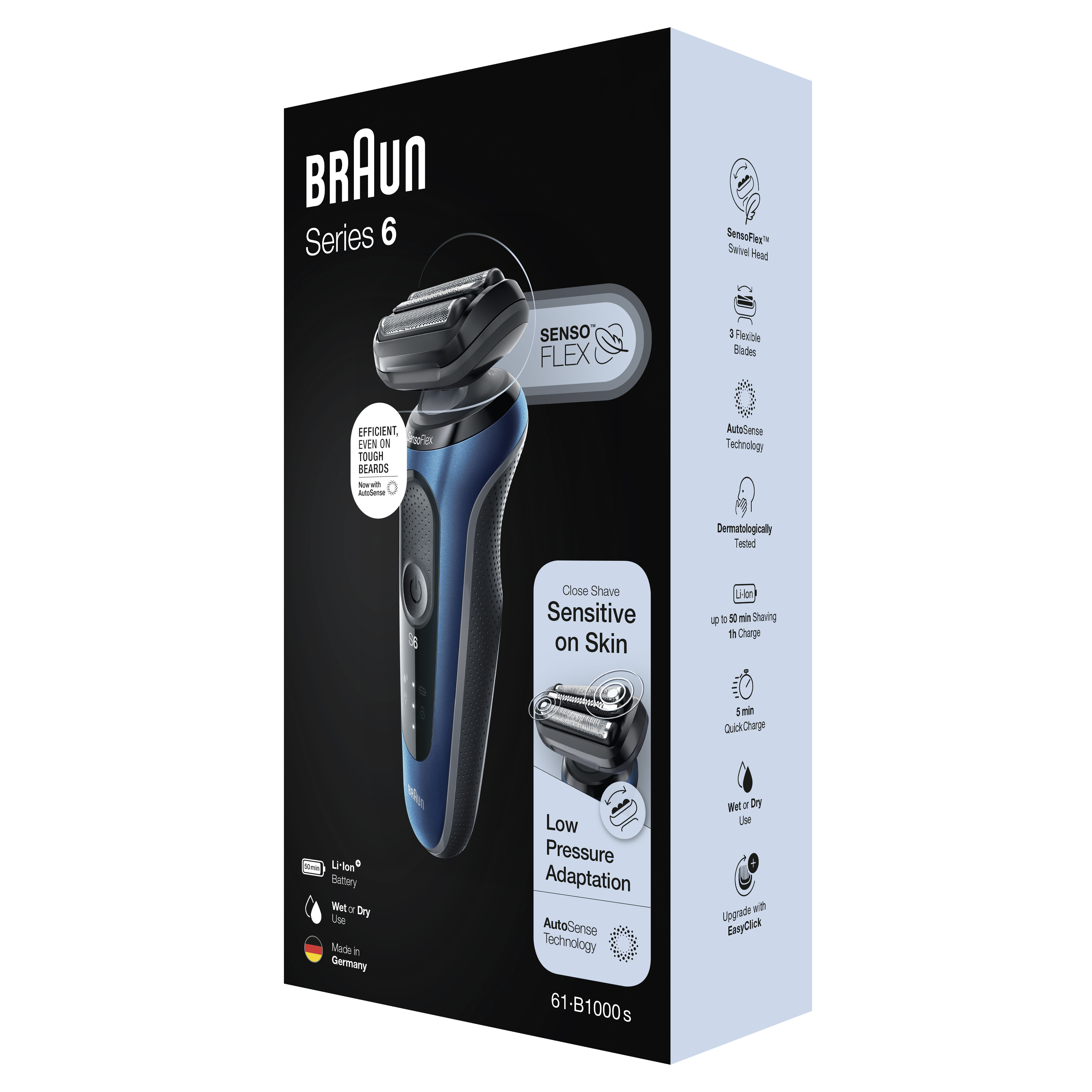 Braun Series 6 61-B1000s Rasoio Elettrico Uomo, SensoFlex, Wet&Dry, Ricaricabile, Rasoio A Lamina Senza Fili, Blu