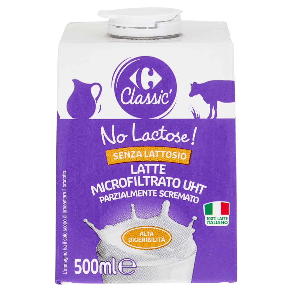 Carrefour Classic Senza Lattosio Latte Microfiltrato UHT Parzialmente Scremato 500 ml
