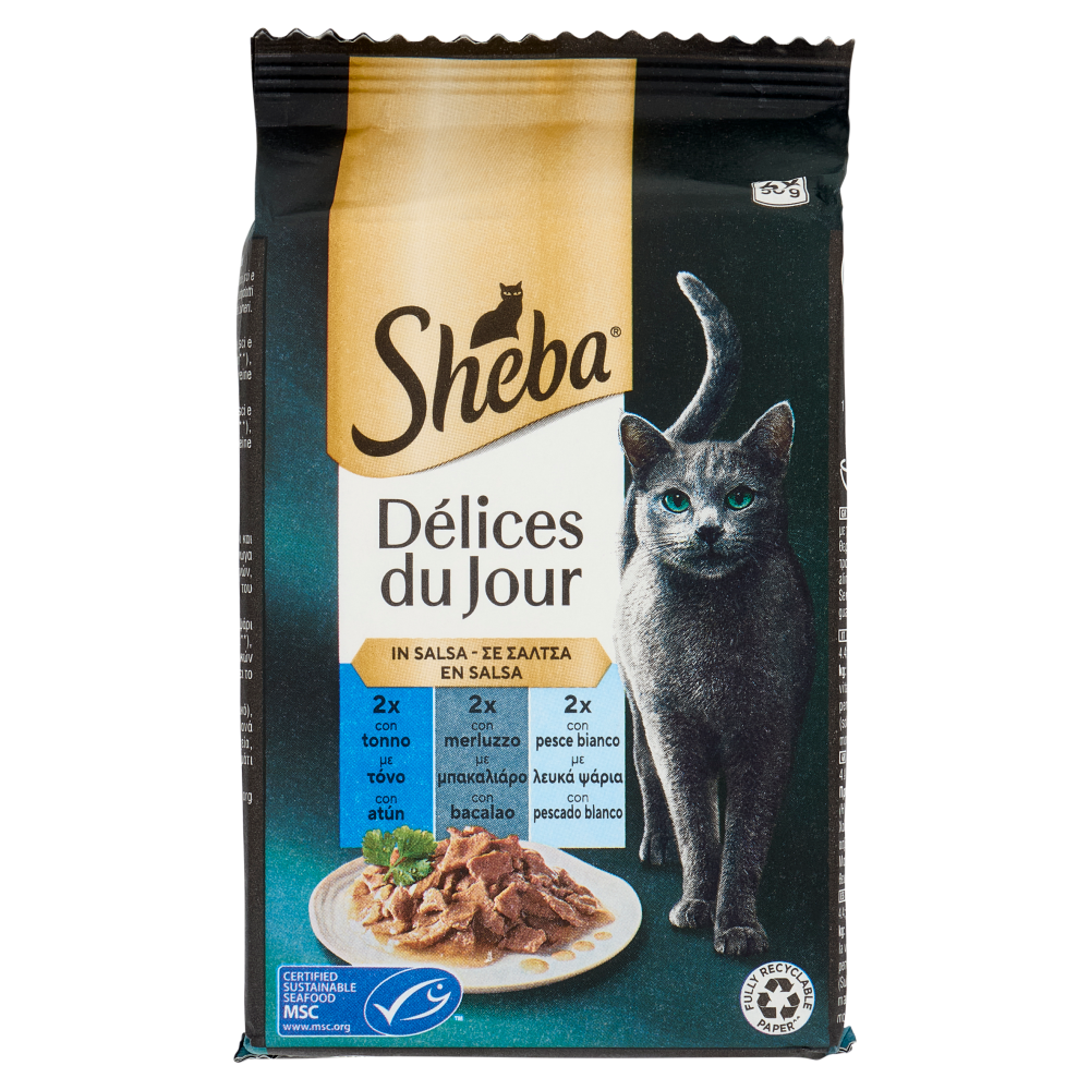 Sheba Délices du Jour Cibo Umido Gatto in Salsa con Tonno, Merluzzo e pesce bianco 6 x 50 g