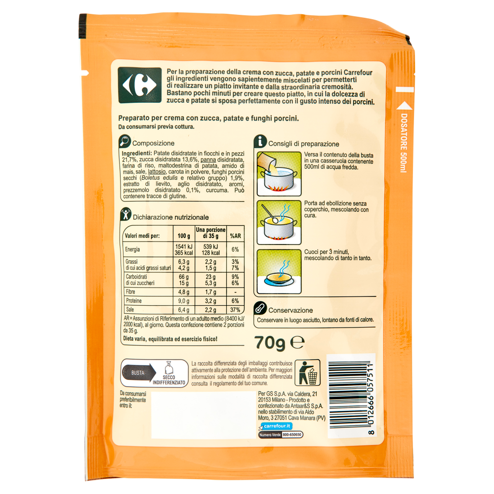Carrefour Crema con zucca, patate e funghi porcini 70 g