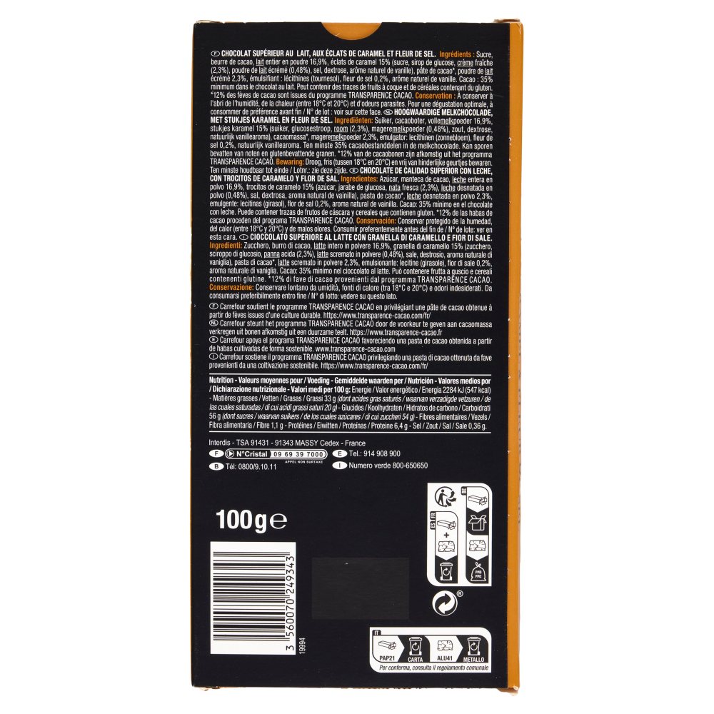 Carrefour Selection Éclats Caramel & Fleur de Sel Lait 100 g