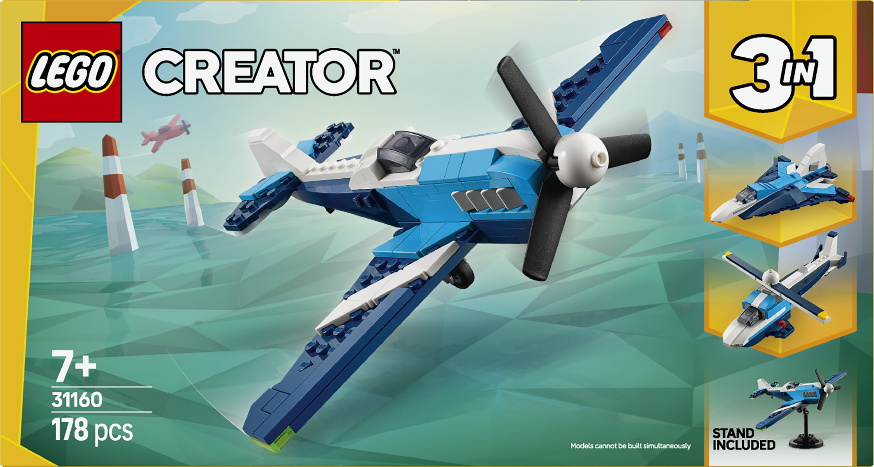 LEGO Creator 3 in 1 31160 Velivolo: Aereo da Competizione, Aeroplano Giocattolo Trasformabile in Elicottero e Jet, Bambini 7+