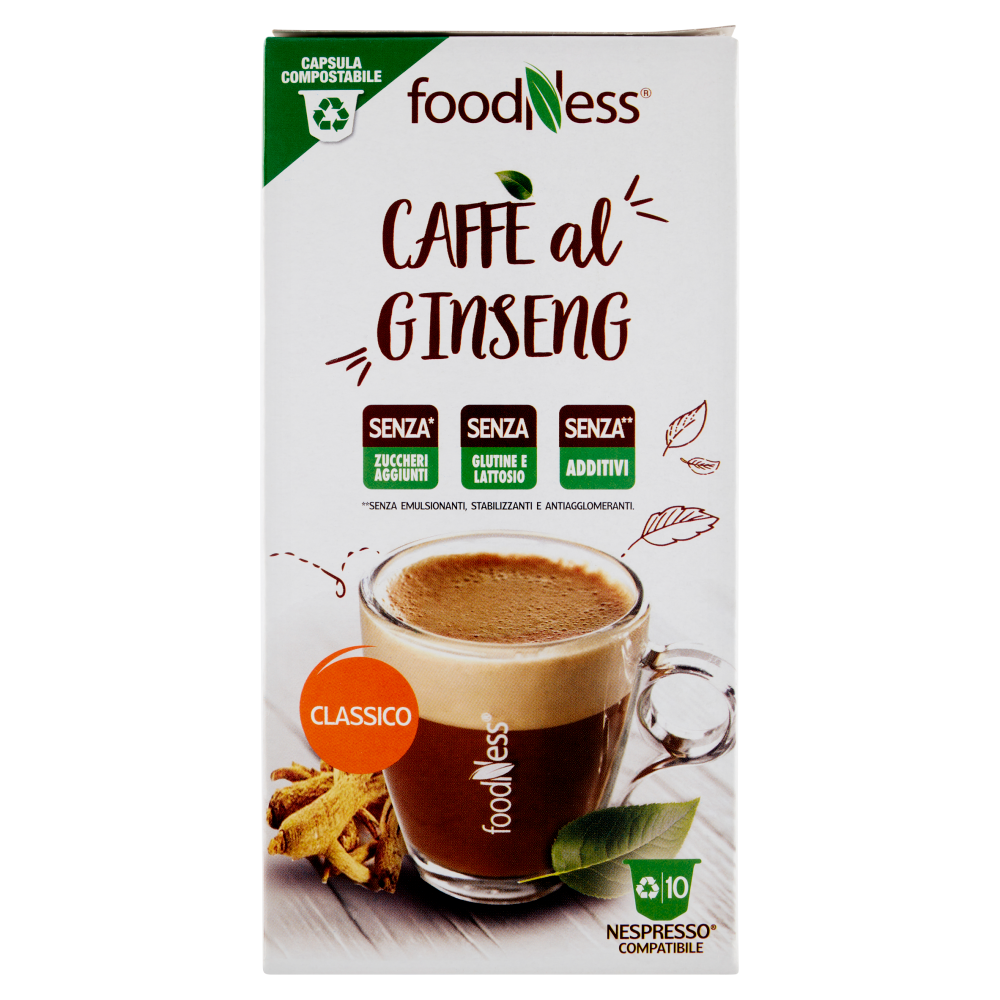 foodNess Caffè al Ginseng Classico Compostabile Nespresso Compatibile 10 x 7 g