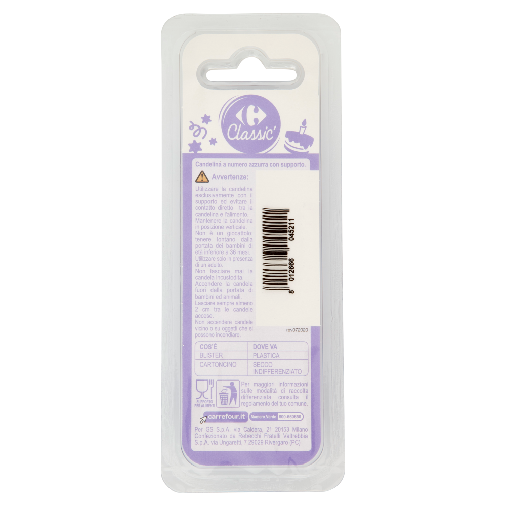 Carrefour Classic Candelina Numero 3 Azzurra con supporto