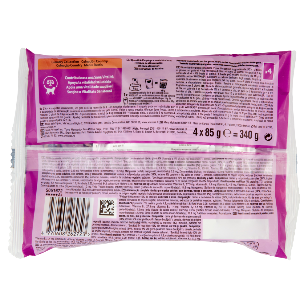 Whiskas Tasty Mix Country Collection in salsa con agnello pollo e carote, con manzo e pollame 4x85g