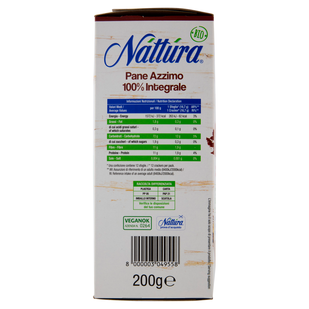 N&aacute;tt&uacute;ra Pane Azzimo 100% Integrale Bio senza lievito 200 g