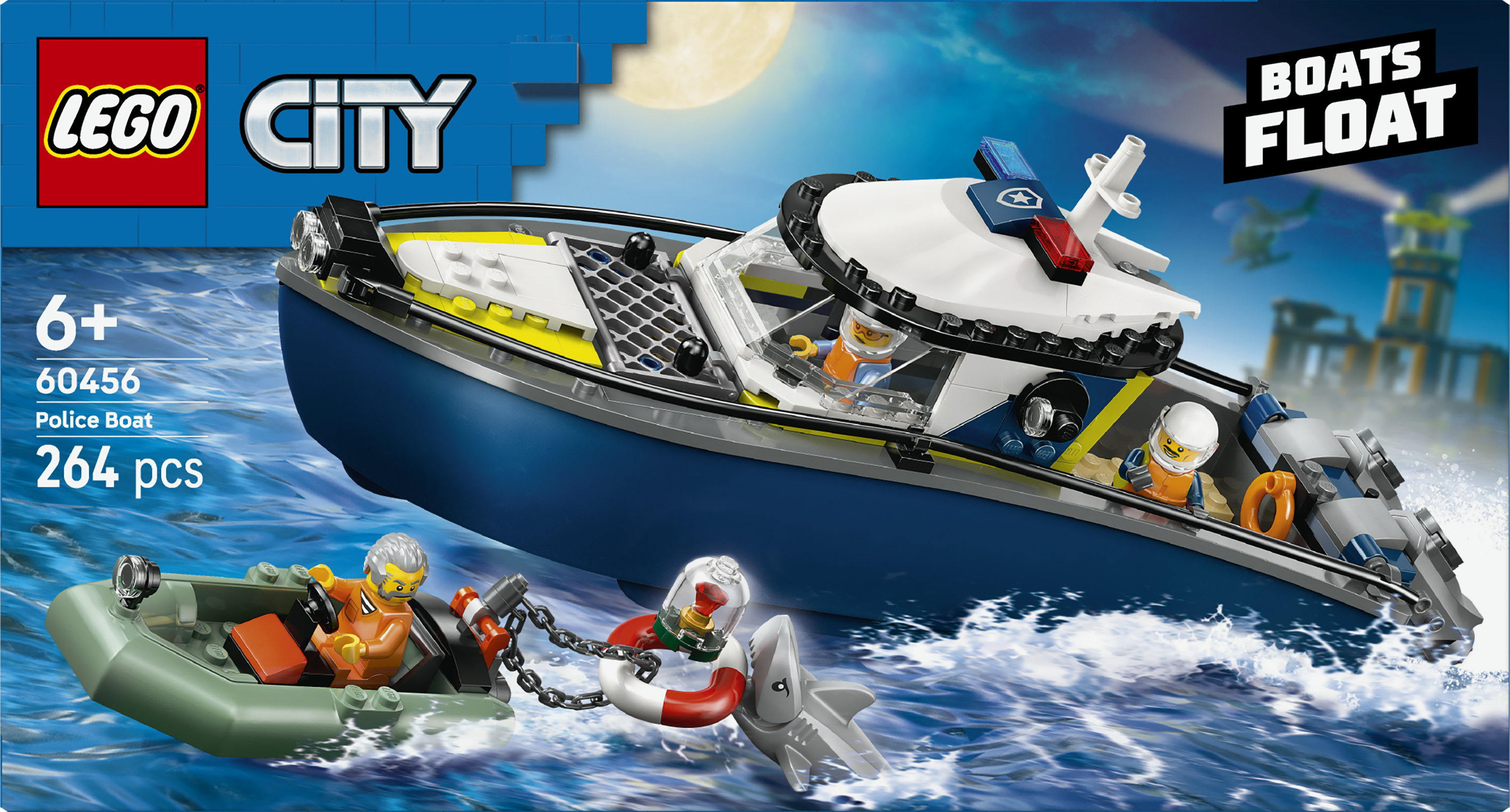 LEGO City 60456 Inseguimento del Motoscafo della Polizia, con 2 Barche Giocattolo, 3 Minifigure, Squalo, Regalo per Bambini6+