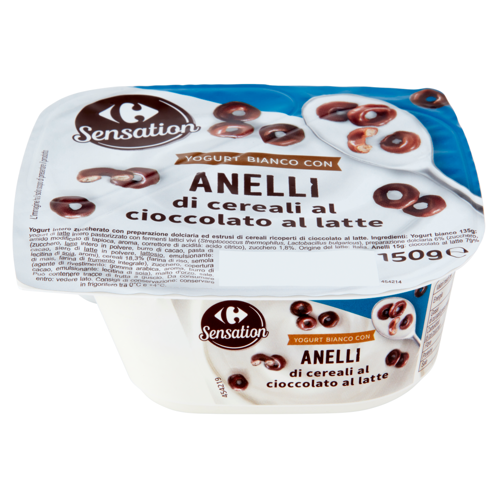 Carrefour Sensation Yogurt Bianco con Anelli di cereali al cioccolato al latte 150 g