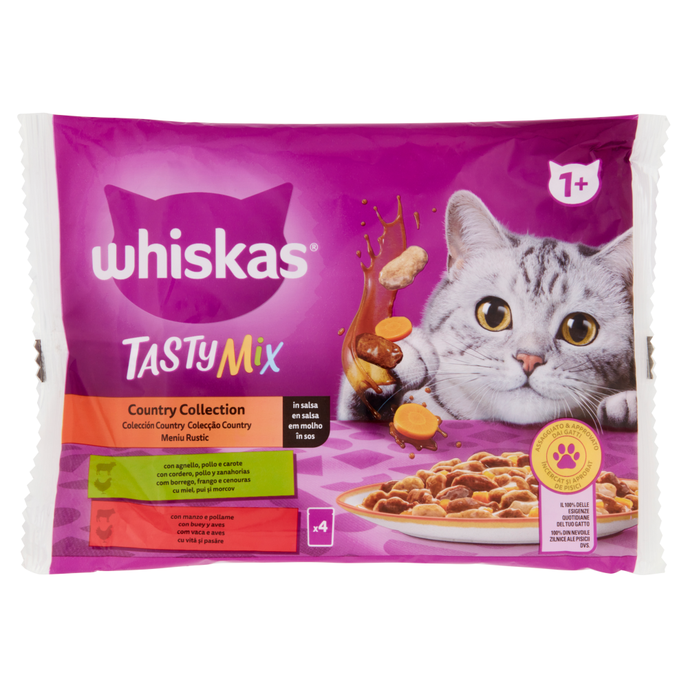 Whiskas Tasty Mix Country Collection in salsa con agnello pollo e carote, con manzo e pollame 4x85g