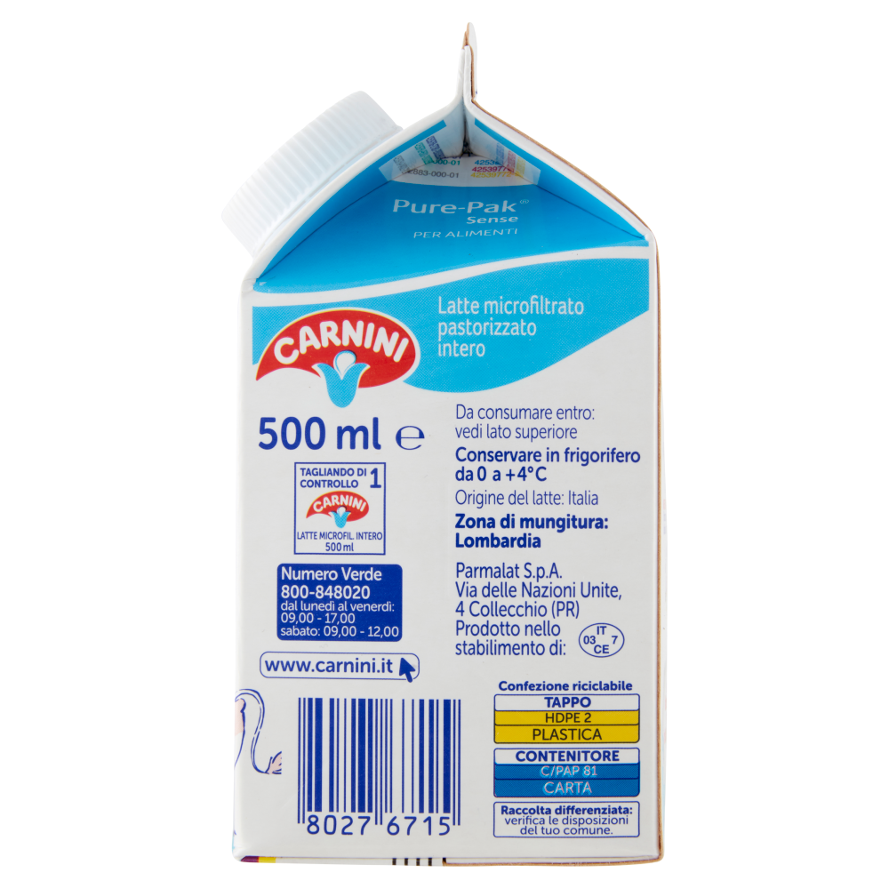Carnini Latte Intero Lombardo Microfiltrato Pastorizzato 500 ml