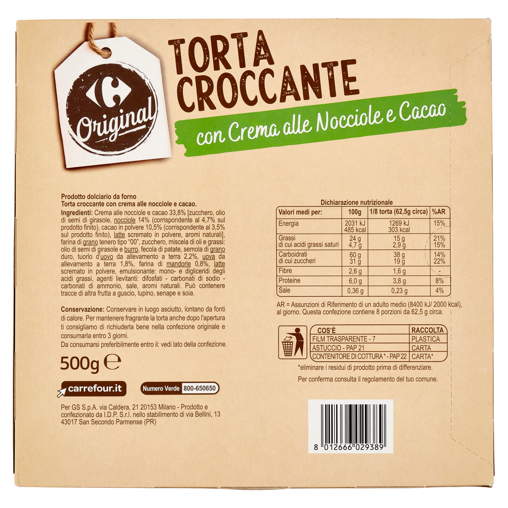 Carrefour Original Torta Croccante con Crema alle Nocciole e Cacao 500 g